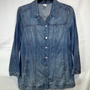 Chicos Womens Size 2 Jean Jacket Shirt Button Front Plus 16/18 Elongated Delphin